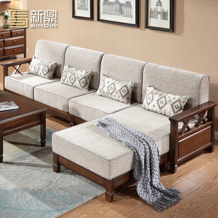 美式實木布藝轉角沙發組合鵝掌楸木古典美式鄉村貴妃沙發客廳家具
