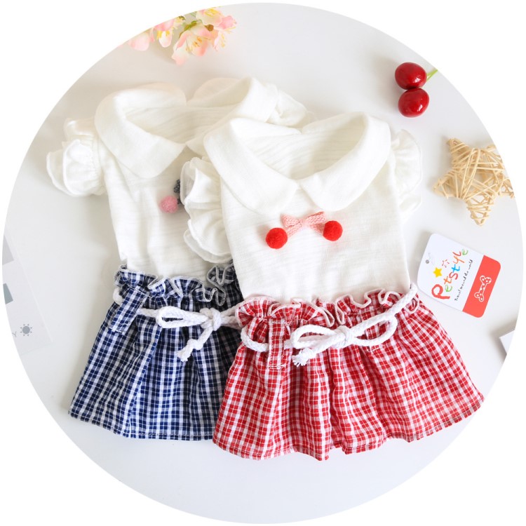 2018年寵物春夏款服裝 櫻桃格子休閑裙泰迪比熊狗狗衣服春夏