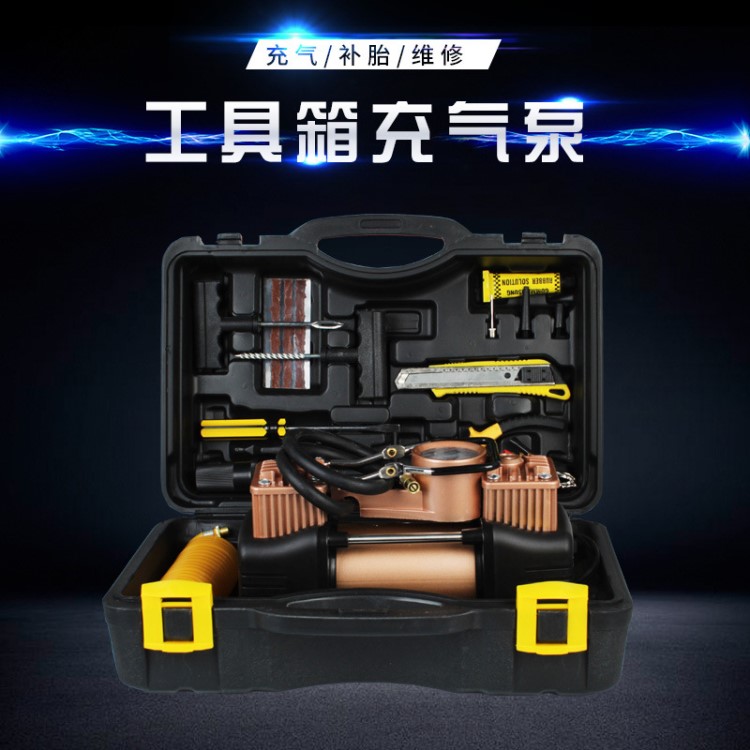 直銷 車載充氣泵 金缸體大功率輪胎打氣泵 汽車工具箱雙缸充氣泵