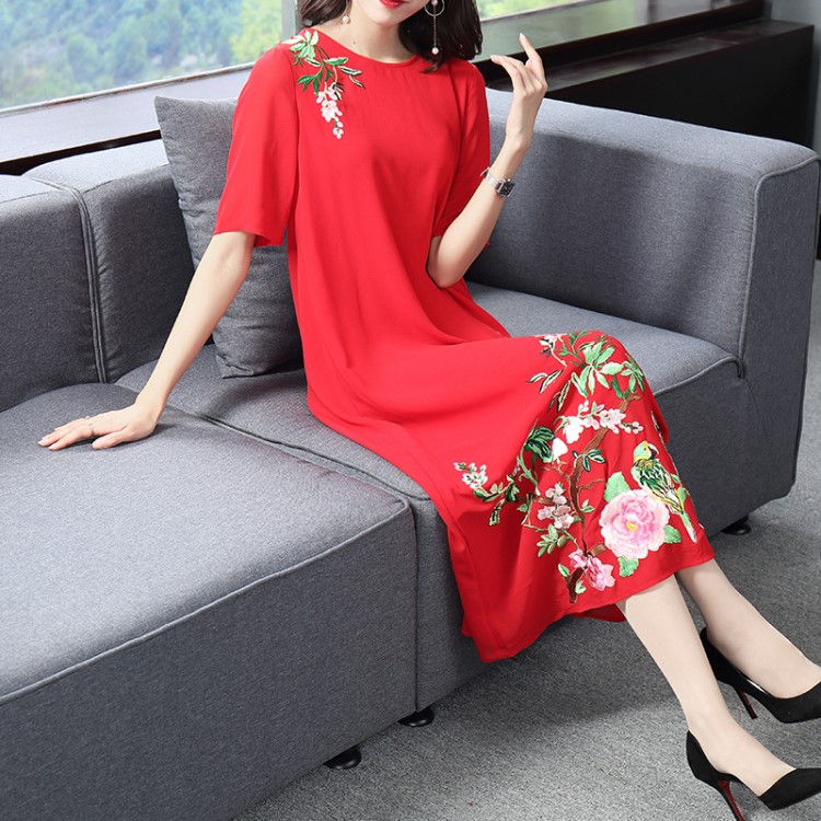 2019春夏新款女式中國風刺繡中老年媽媽裝雪紡圓領長款連衣裙9623