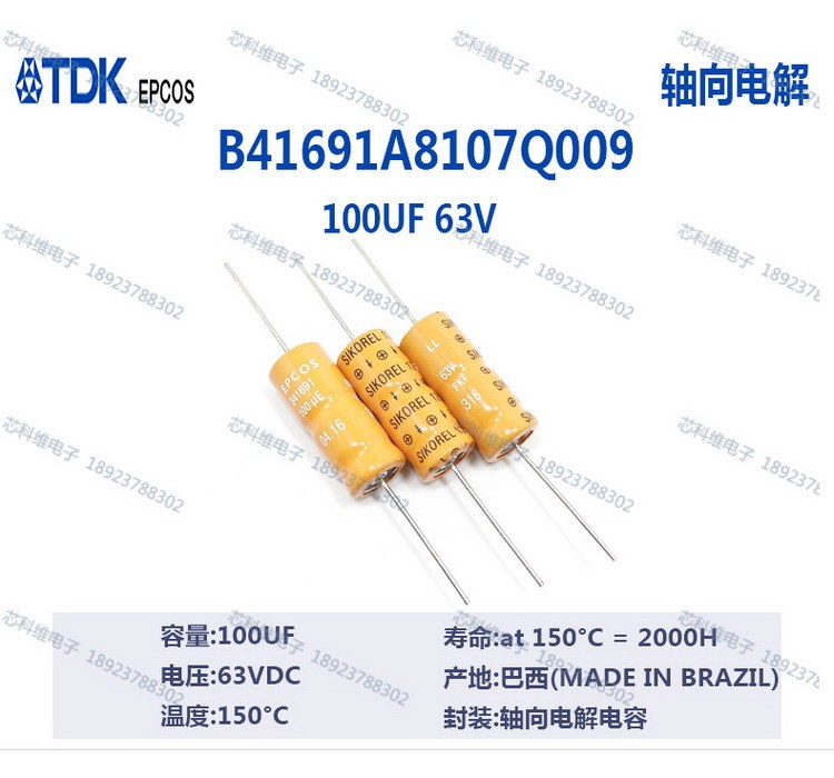 EPCOS 穿心電容100UF 63V 軸向電解電容B41691A8107Q009