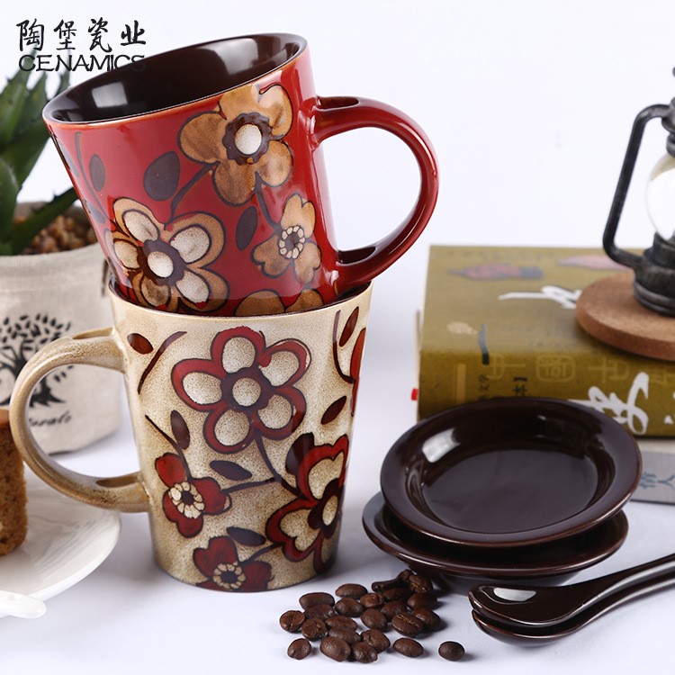 創(chuàng)意滿花陶瓷咖啡杯套裝居家咖啡廳牛奶咖啡杯子馬克杯帶勺可配蓋