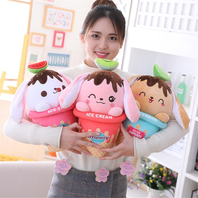 2019新品可愛冰淇淋彩色兔公仔毛絨玩具甜筒長耳水果兔子睡覺抱枕