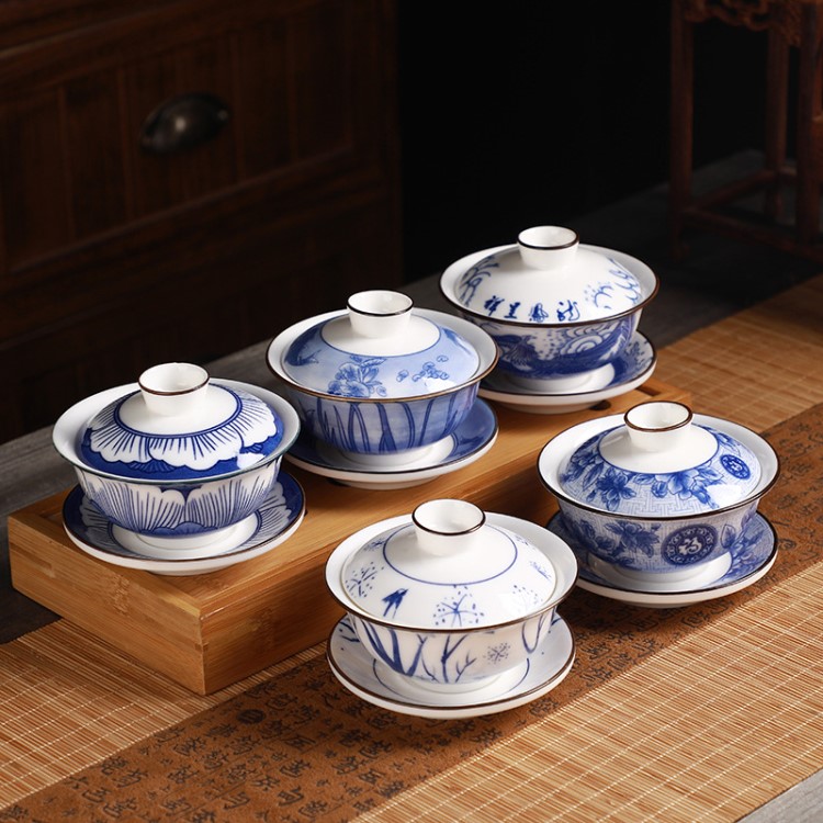 批發青花復古三才蓋碗大號手繪功夫家用泡茶碗沖茶器敬茶碗