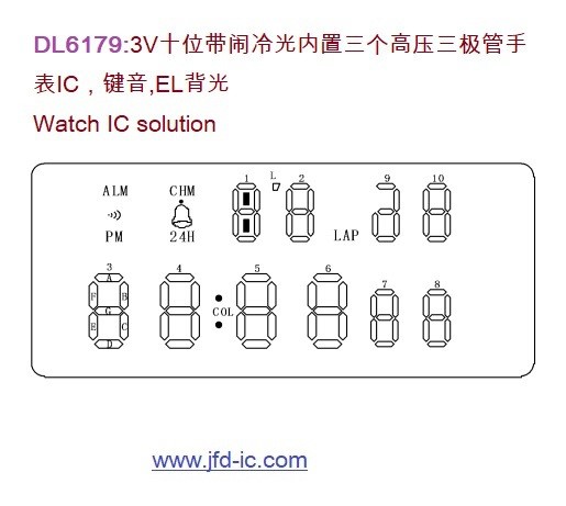 DL6179:3V十位带闹冷光内置三个高压三极管手表IC,键音,EL背光