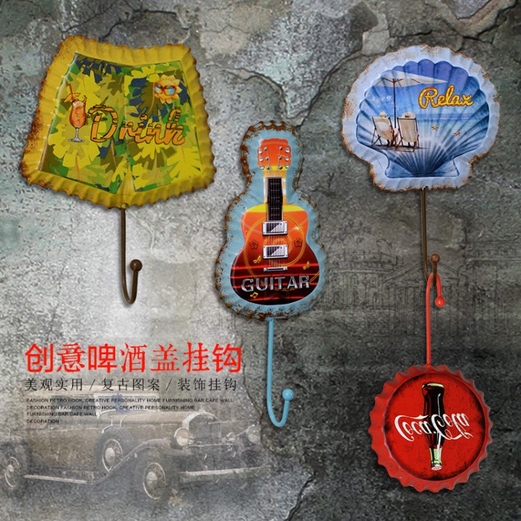 復古創(chuàng)意美式鄉(xiāng)村歐式地中海啤酒蓋鐵皮畫墻面衣帽裝飾掛鉤壁掛