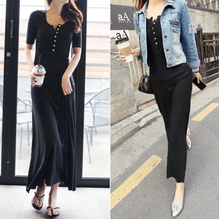 女裝夏 韓版新款色半開領短袖大擺裙長裙裙子女 連衣裙夏2019