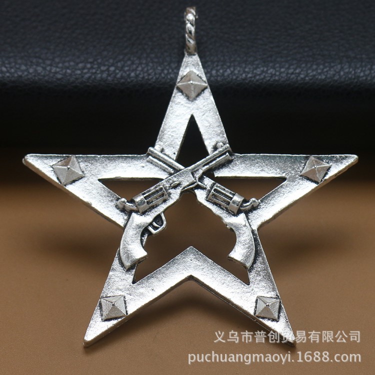 DIY飾品配件 藏銀復(fù)古合金鏤空槍大五角星掛件 85*75mm 20克 批發(fā)