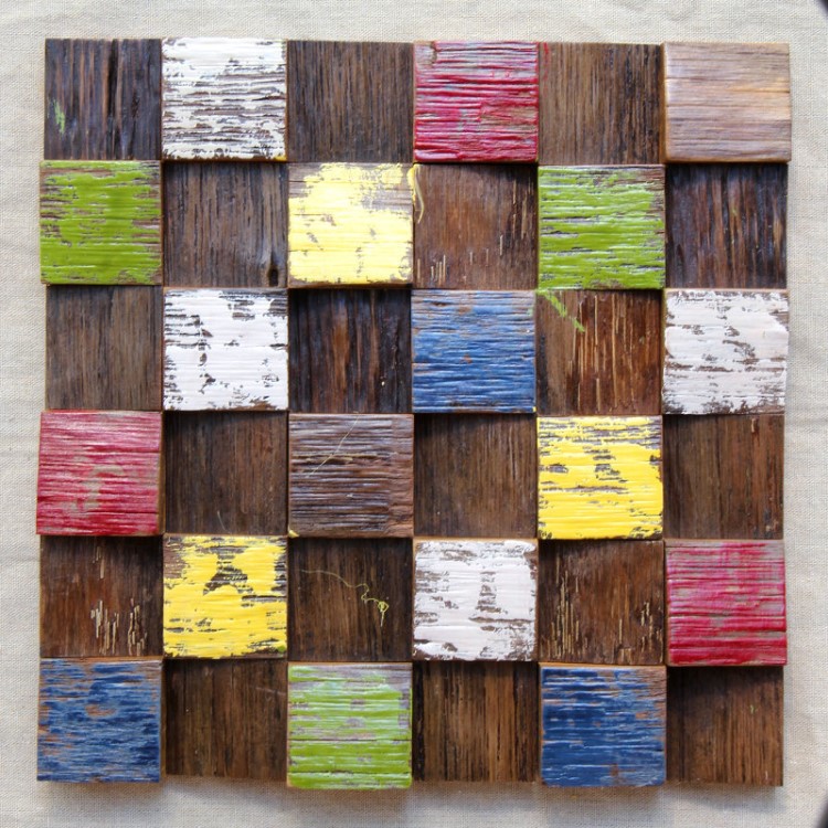 彩色實木馬賽克電視背景墻吧臺客廳裝飾材料新古典船木馬賽克