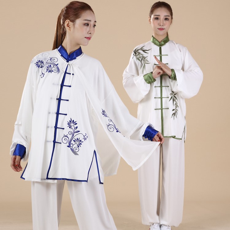 宏情刺繡太極服棉加絲麻紗中老年古典練功服男女青花武術(shù)表演服