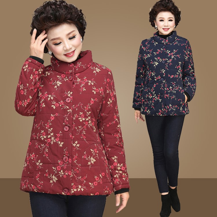 中老年棉衣女妈妈冬装碎花洋气羽绒棉服奶奶厚外套短款老年小棉袄