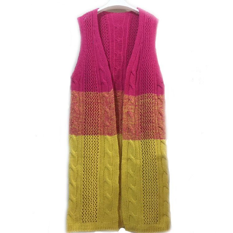 一件代發(fā)速賣通長款毛衣開衫 歐美原單女裝漸變拼色無袖背心外套