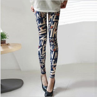 9258 藍(lán)色英文字母牛奶絲印花打底褲 春秋外穿九分褲女夏leggings