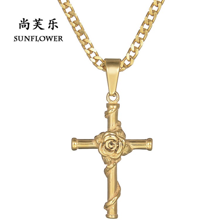 不銹鋼玫瑰花十字架項鏈 女士復(fù)古百搭鎖骨鏈飾品廠家 速賣通爆款