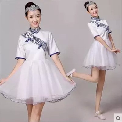 青花瓷合唱服民樂(lè)古箏二胡演出服現(xiàn)代舞服舞蹈女古典連衣裙