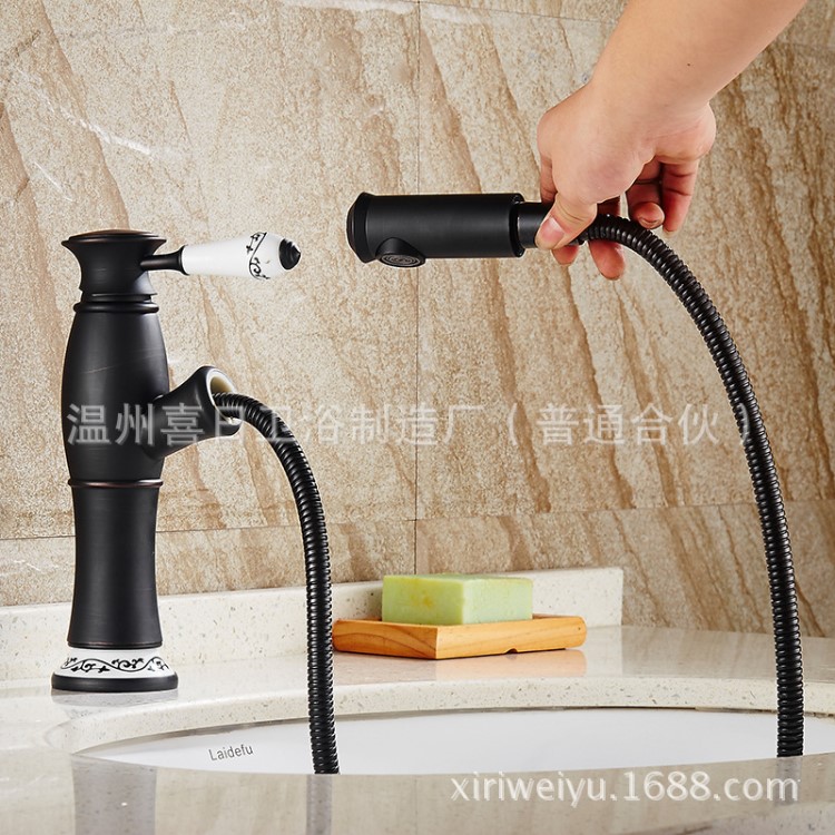 黑色抽拉面盆水龍頭 黃銅黑古銅帶鉆水龍頭 多功能雙用矮款龍頭