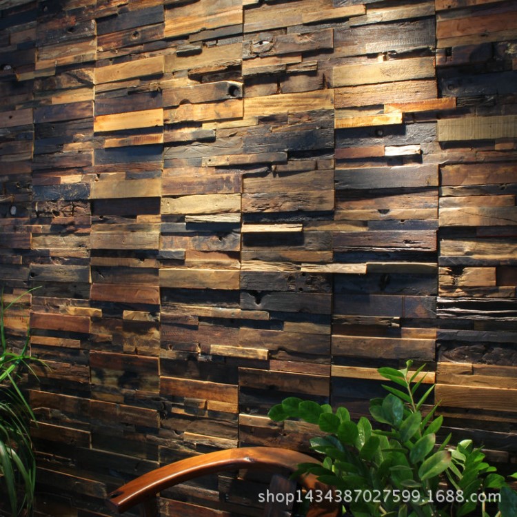 風化老船木馬賽克電視背景 船木馬賽克長條形凹凸大塊實木材料