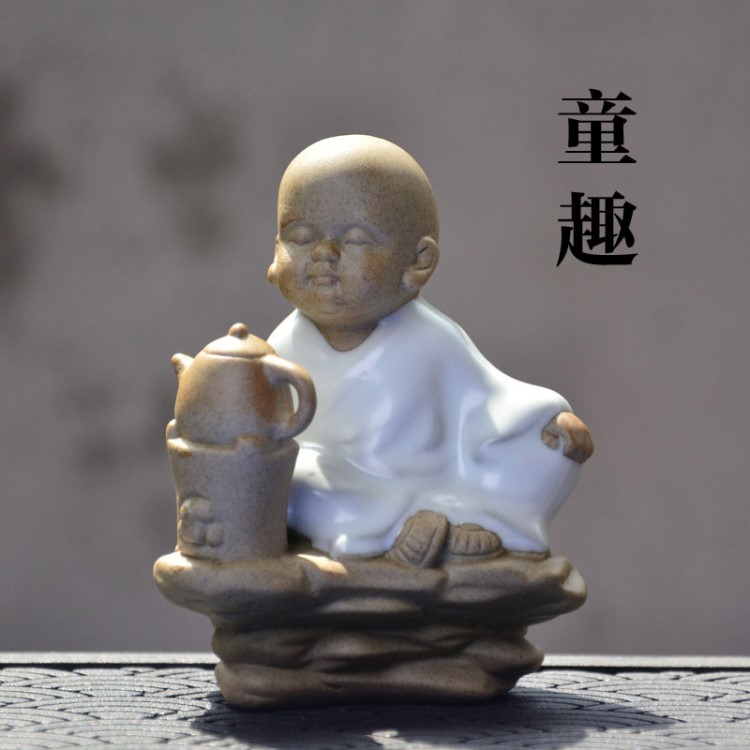 汝窯小和尚茶寵茶玩擺件 創(chuàng)意童趣煮茶小沙彌 功夫茶具茶道配件