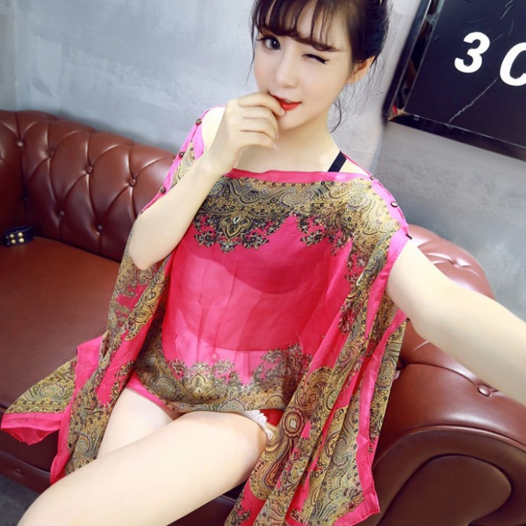 2019夏季女裝新款復(fù)古斗篷絲巾罩衫沙灘防曬衫套頭外套雪紡衫披肩