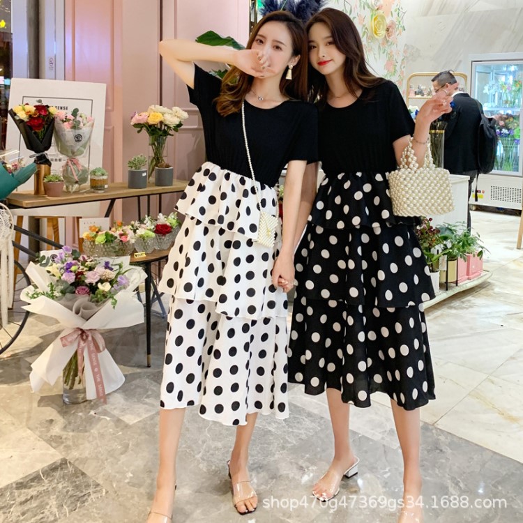 2019新款夏裝兩件套連衣裙女圓領短袖大波點蛋糕裙女裝套裝潮批發