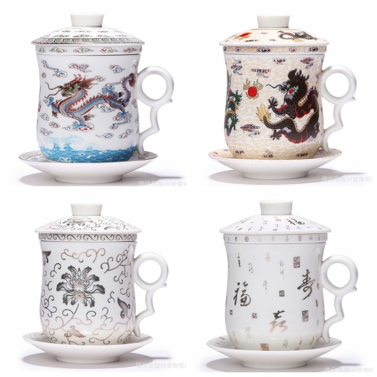 白瓷茶杯青花瓷四件杯陶瓷辦公個人杯過濾茶水杯禮品杯定制logo