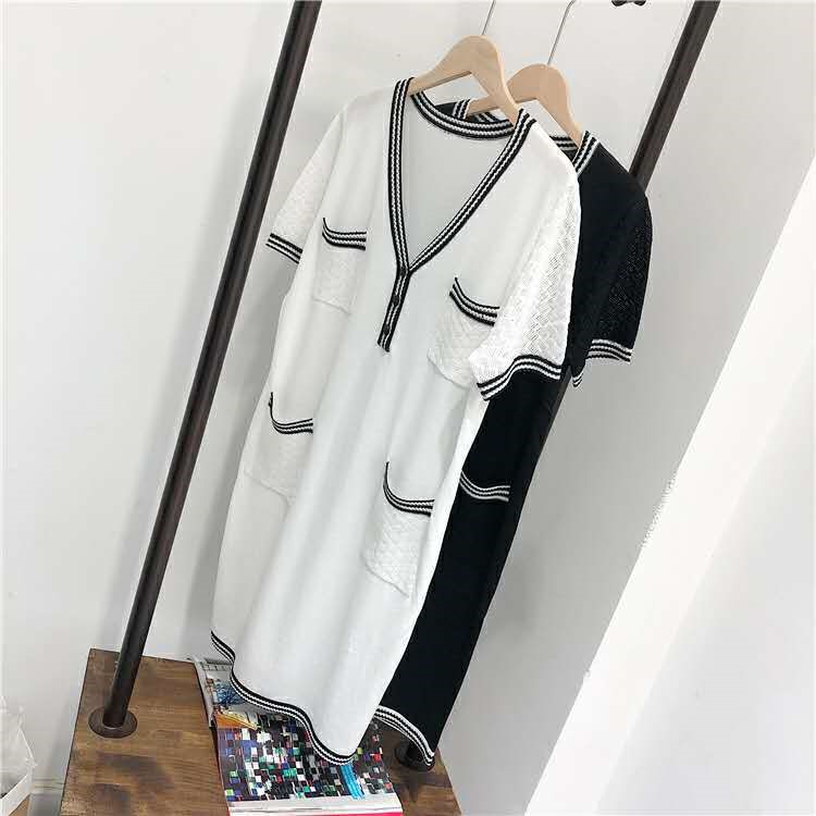 2019春夏新款連衣裙四口袋V領(lǐng)開胸冰麻針織面料修身顯瘦女裙