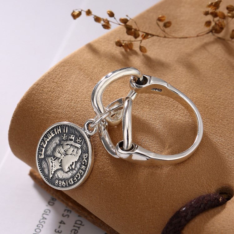 壹鹿銀S925銀復(fù)古泰銀硬幣吊牌戒指個性百搭獨特女士款指環(huán)批發(fā)