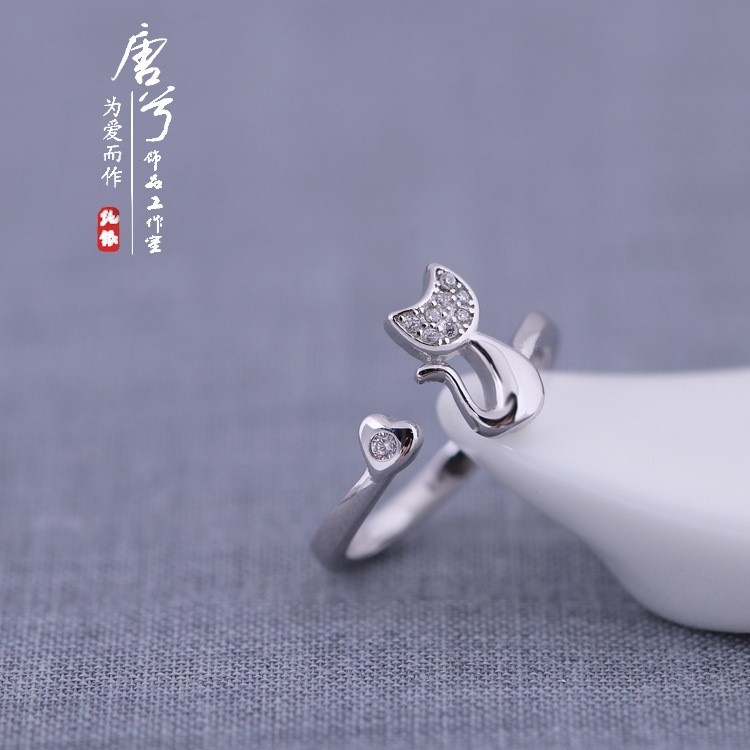 s925銀飾品愛(ài)心小貓咪鑲鉆戒指女日韓潮人個(gè)性可愛(ài)kitty尾指環(huán)