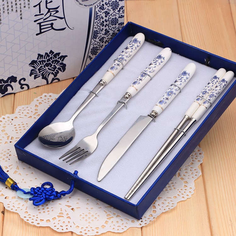 青花瓷不銹鋼骨瓷刀叉勺筷禮盒4件套裝活動商務(wù)禮品定制