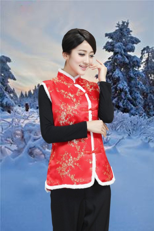 新款酒店茶樓唐裝秋冬工作服上衣棉馬甲女士中式加棉背心大紅色馬