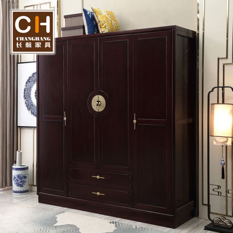 新中式實木衣柜 金絲檀木四門開門衣櫥 黑檀色大容量臥室收納衣柜