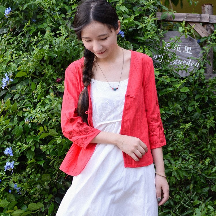 春夏薄款苧麻短款小外套長袖外搭防曬小披肩棉麻文藝開衫批發