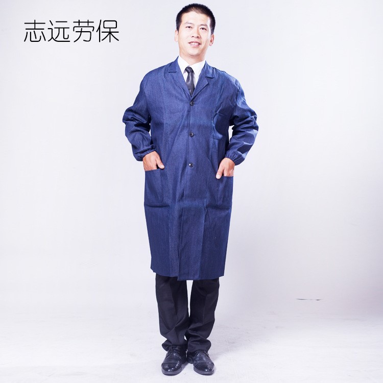 牛仔大褂倉庫車間工作防塵服耐磨工作服長袖藍大褂勞保服裝批發(fā)