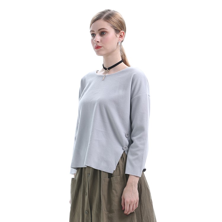 2019春秋复古休闲百搭女装上衣圆领长袖毛呢大码宽松t恤女jr1213