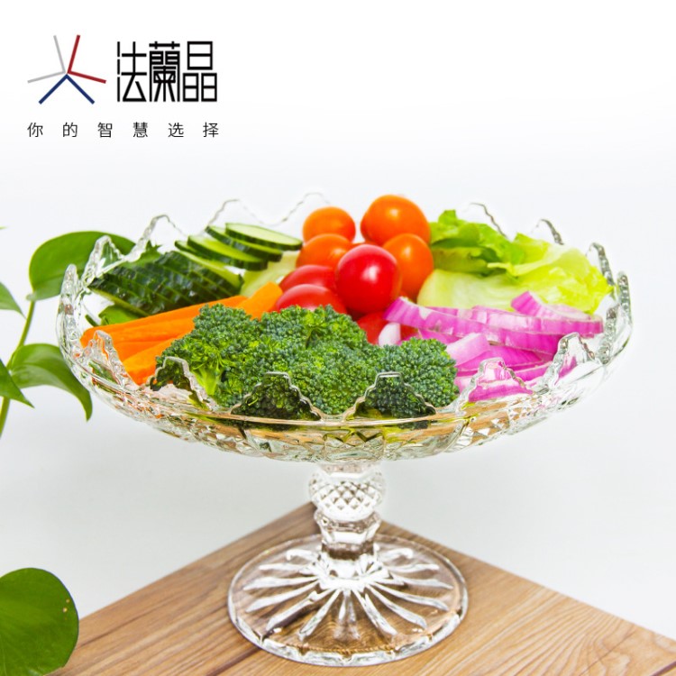 廠家定制歐式現(xiàn)代創(chuàng)意玻璃果盤 高腳玻璃透明果盤22cm大果盤批發(fā)