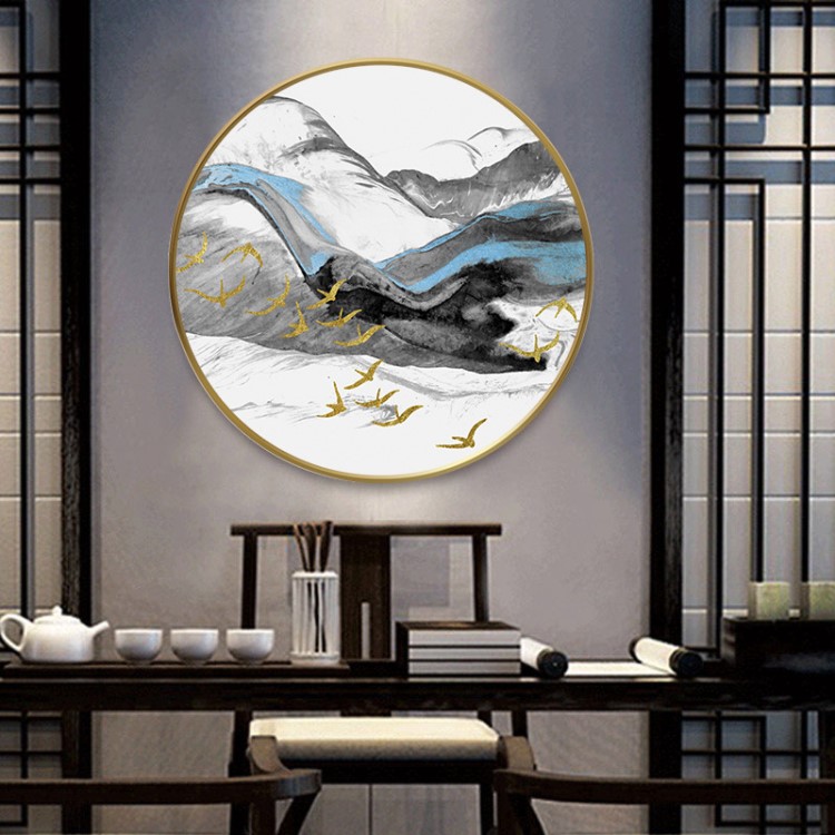 廠家代發(fā)客廳餐廳沙發(fā)背景墻壁裝飾畫 新中式圓形框山水墨晶瓷畫
