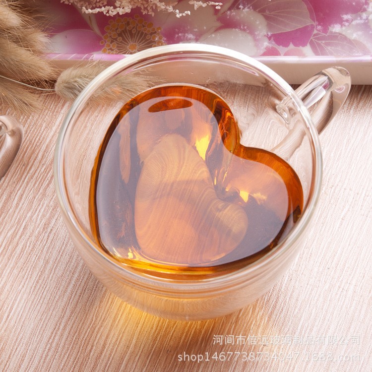 耐熱創(chuàng)意雙層心形把杯透明玻璃牛奶杯奶茶杯果汁杯咖啡杯