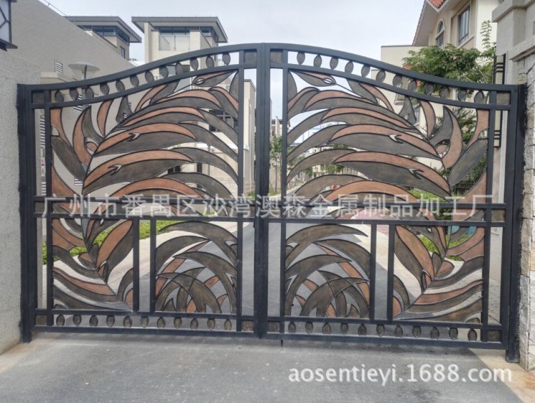 鐵藝大門金屬防護大門別墅庭院戶外門歐式仿古雙開線切割院墻鐵門