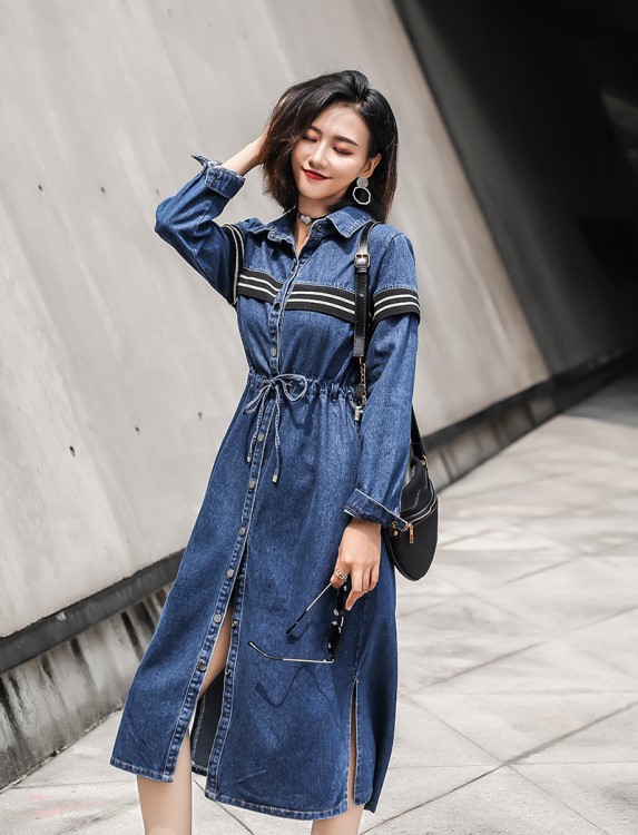 牛仔風(fēng)衣女中長款新款春秋系帶修身顯瘦長袖過膝外套連衣裙收腰潮