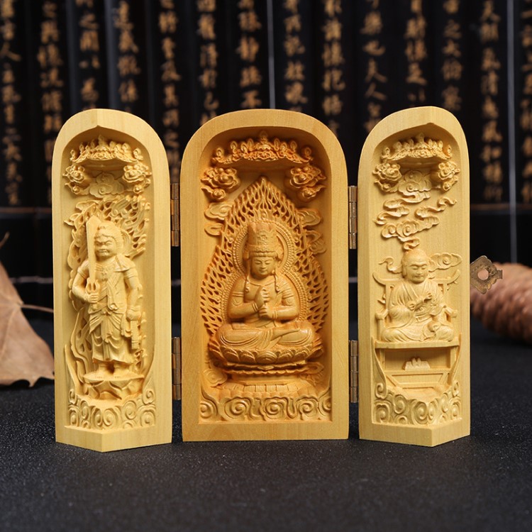 廠家批發黃楊木雕佛像大日如來東方三圣關公三開盒木質工藝品擺件