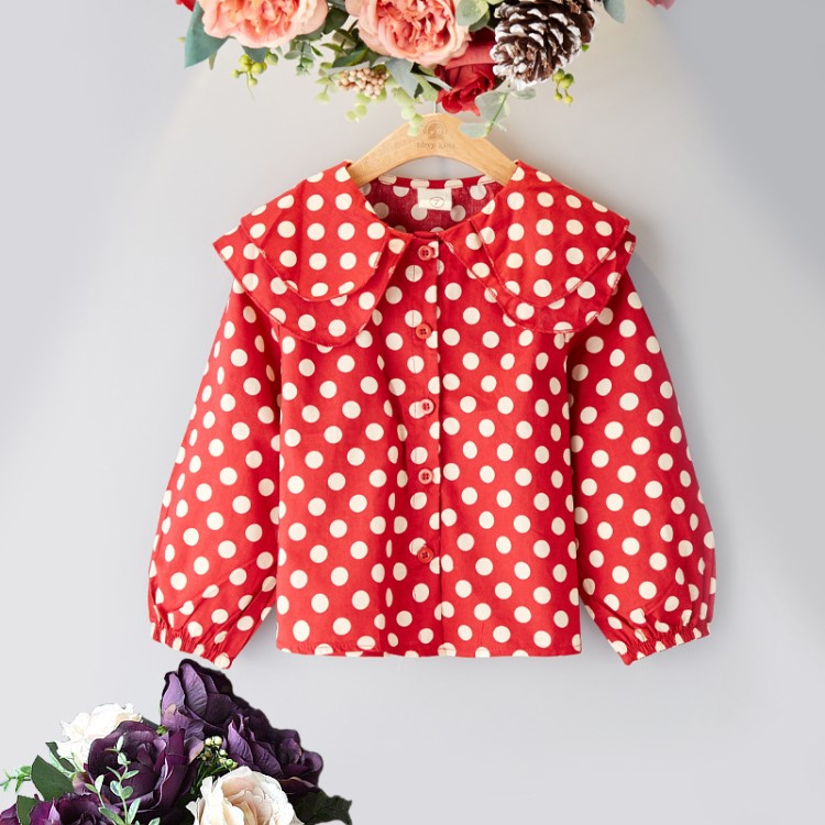 2019秋季女童韓版荷葉領長袖襯衫春秋 寶寶圓點甜美襯衣一件代發