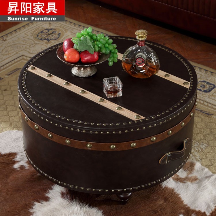 美式鄉村復古圓形茶幾loft風格咖啡圓桌漫咖啡茶幾皮藝箱子 DC001