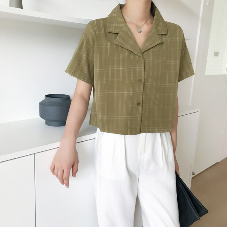 夏季新款格子襯衫短袖寬松復(fù)古港風(fēng)西裝領(lǐng)上衣寬松百搭女式襯衣潮