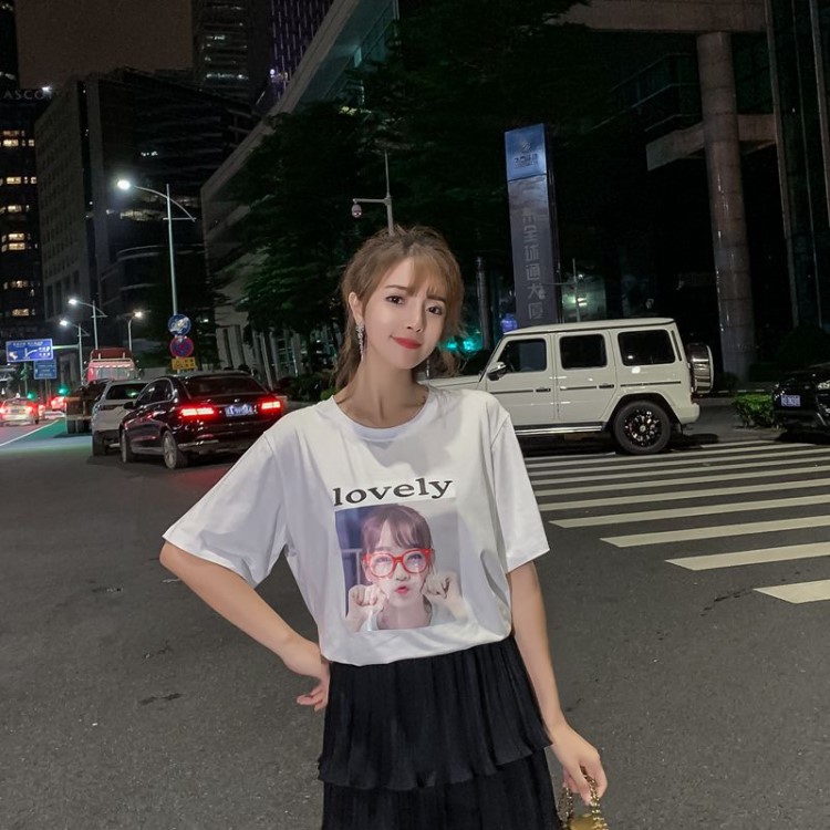 2019夏季新款短袖T恤女 韓國東大門印花眼鏡套頭女裝上衣廠家直銷