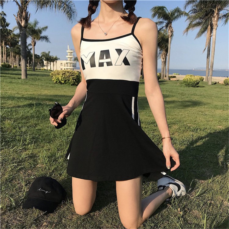 运动风吊带连衣裙女夏2019新款韩版修身显瘦高腰印花连体a字短裙