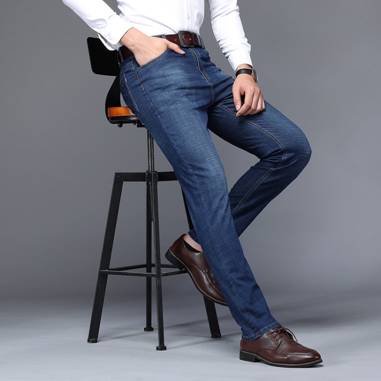 秋冬款男士商务牛仔裤时尚直筒舒适弹力中腰中年商务绅士牛仔长裤