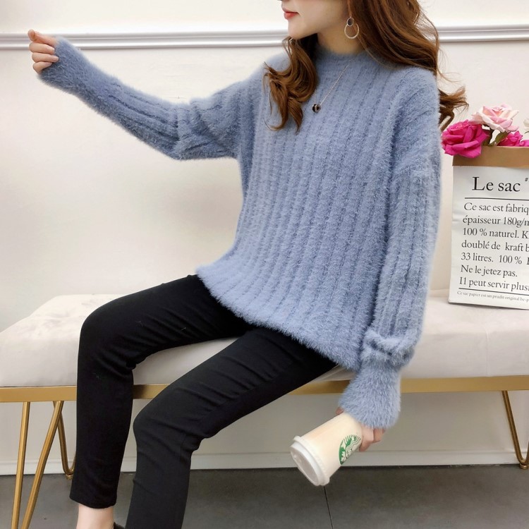 秋冬加厚短款仿貂絨坑毛衣女套頭韓版色慵懶寬松海馬毛針織衫