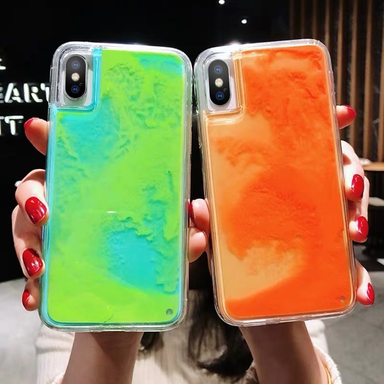適用熒光色xsmax夜光蘋果手機殼678plus液體流沙iphoneX xr保護套