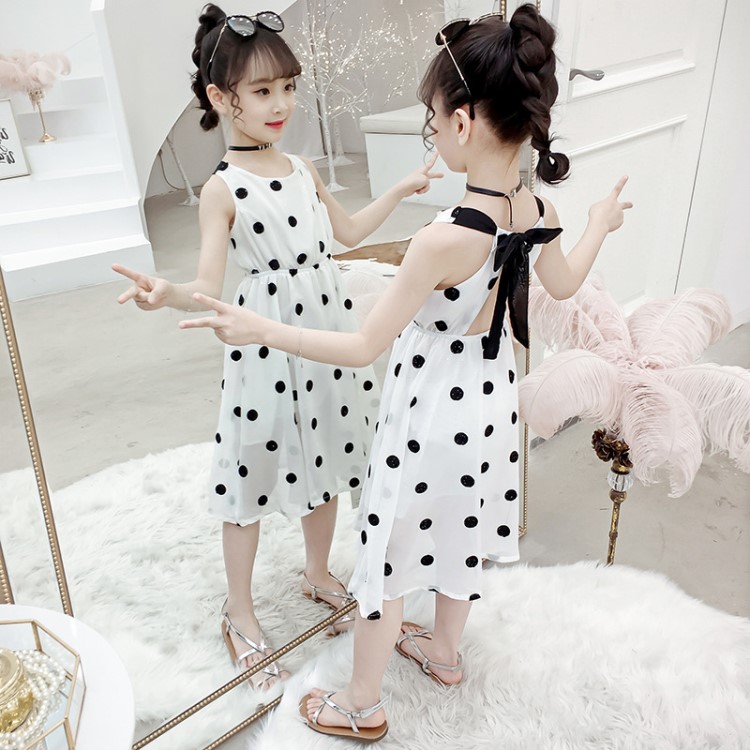 兒童連衣裙2019夏裝女童新款中大童圓點(diǎn)露背背心裙寶寶淑女雪紡裙