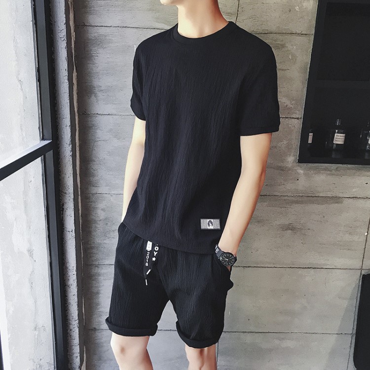 夏季短袖冰絲t恤男士套裝2019新款韓版潮流休閑半袖衣服男裝夏裝